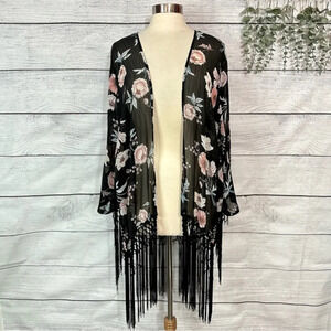 Torrid Chiffon Kimono Top Black Floral Print Fringe Open Sheer Plus Size 1X 2X
